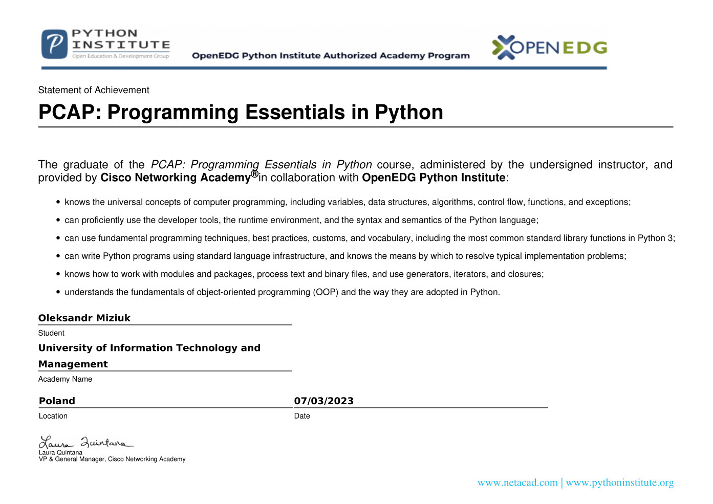 Сертифікат випускника курсу "PCAP: Programming Essentials in Python"